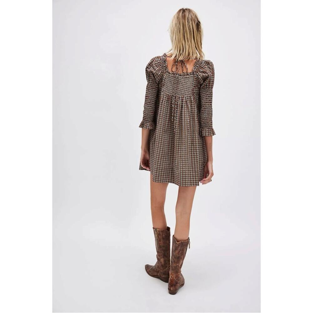 Free People Retro 70s Babydoll Star Dip Mini Dress in Black Combo Size Large - Picture 7 of 16